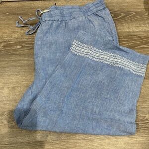 NWT Talbots 100% Linen Cropped Blue Embroidered Hem Pants with Tie Waist